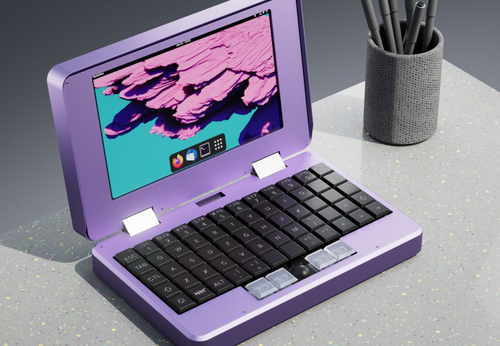 mnt reform pocket concept art with a purple aluminum chassis and an ortholinear keyboard. there is a trackball too.
