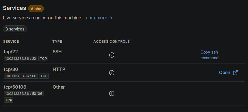 View of the tailscale admin panel showing ports 22, 80, and 50106.