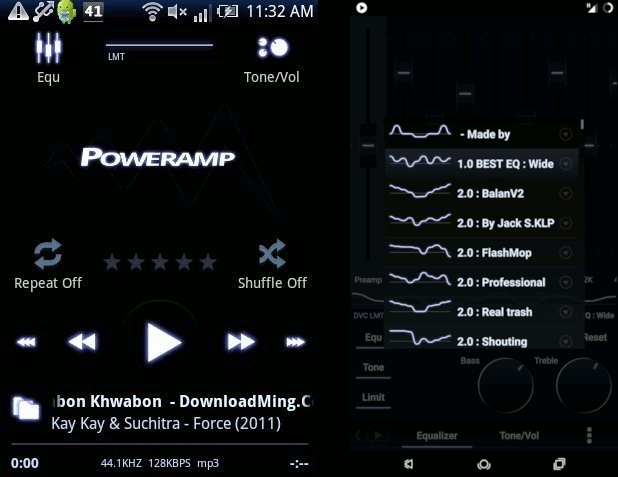 Screenshots of poweramp. It has an extremely early 2010s design, the sort of thing that inspires memories of dubstep from artists like flux pavillion or tristam.
