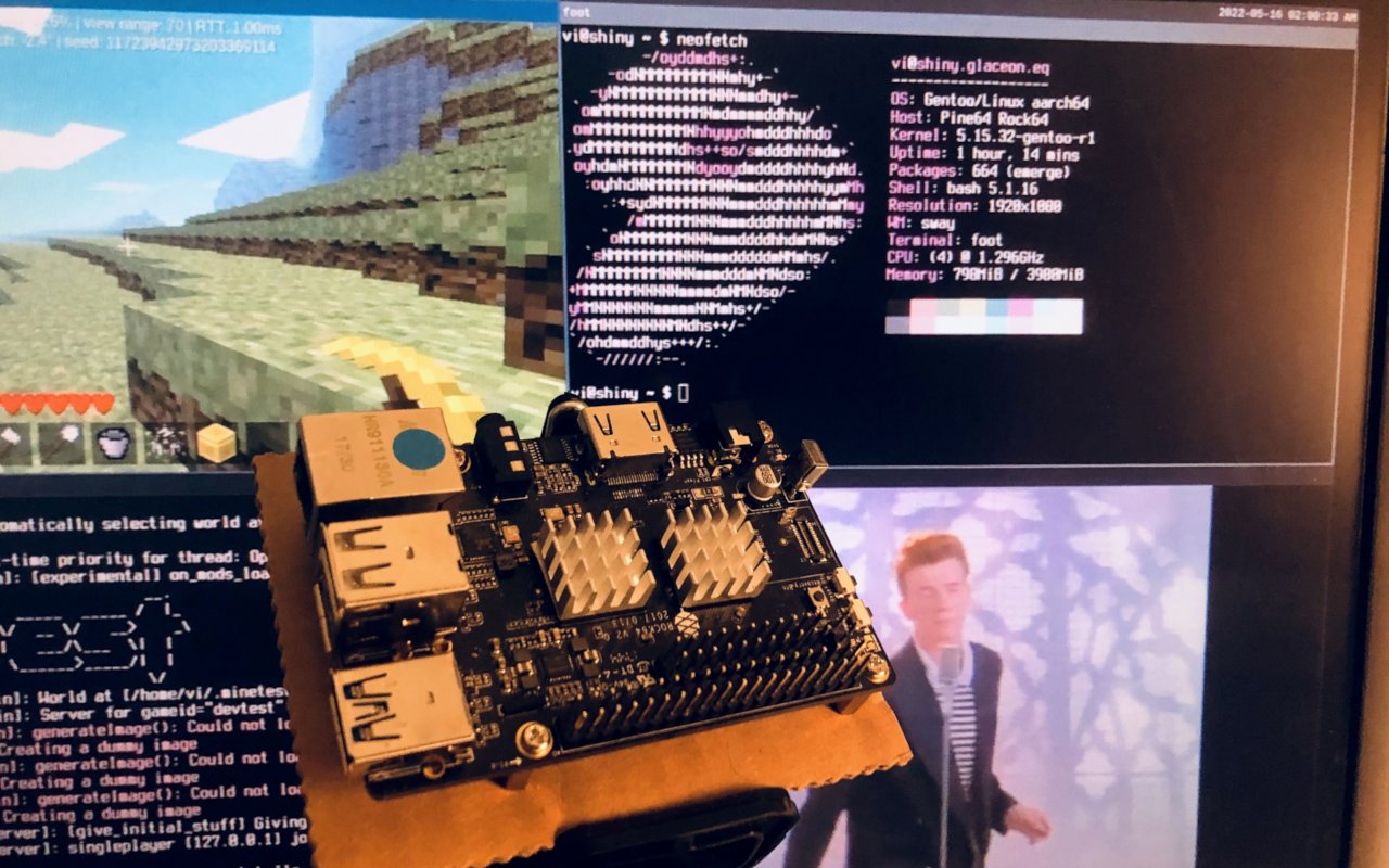 rock64 single board computer in front of minetest and never gonna give you up in the background