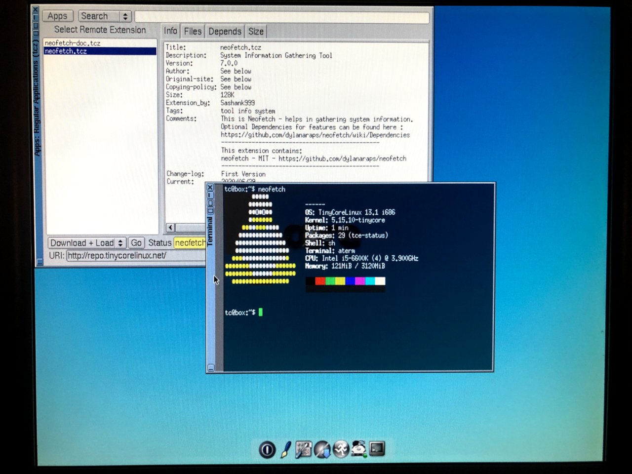 photo of tinycore running neofetch
