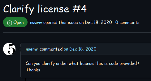 noerw on github asks 'Can you clarify under what license this is code provided? Thanks'. They receive no reply