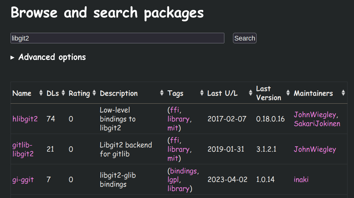 libgit2 search results in hackage