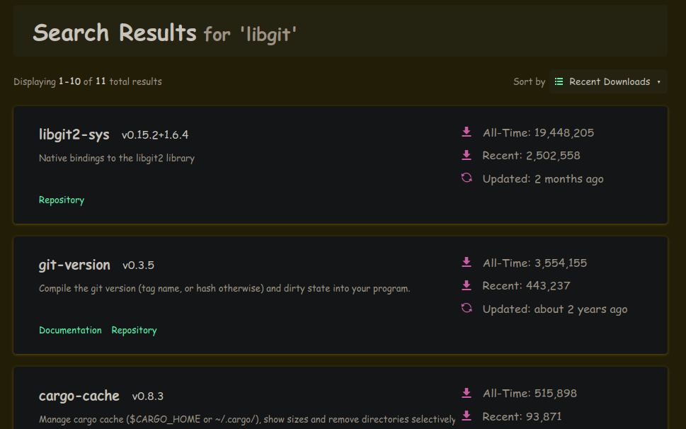 crates.io libgit search results