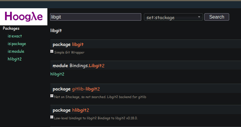 libgit search results in hoogle