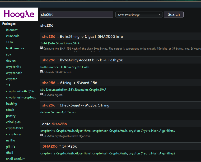 sha256 search results in hoogle
