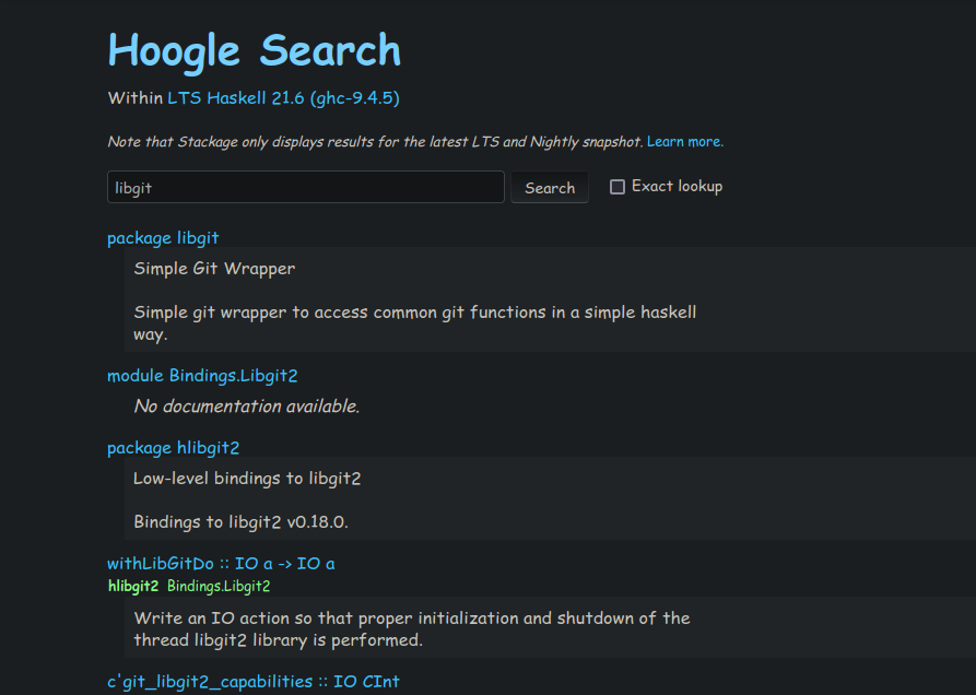 stackage libgit search results look like hoogle results