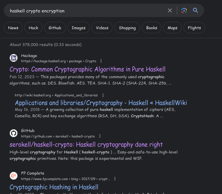 google search result pulls up Crypto, some experimental git repo, and FP Complete post recommending cryptonite after clickthough